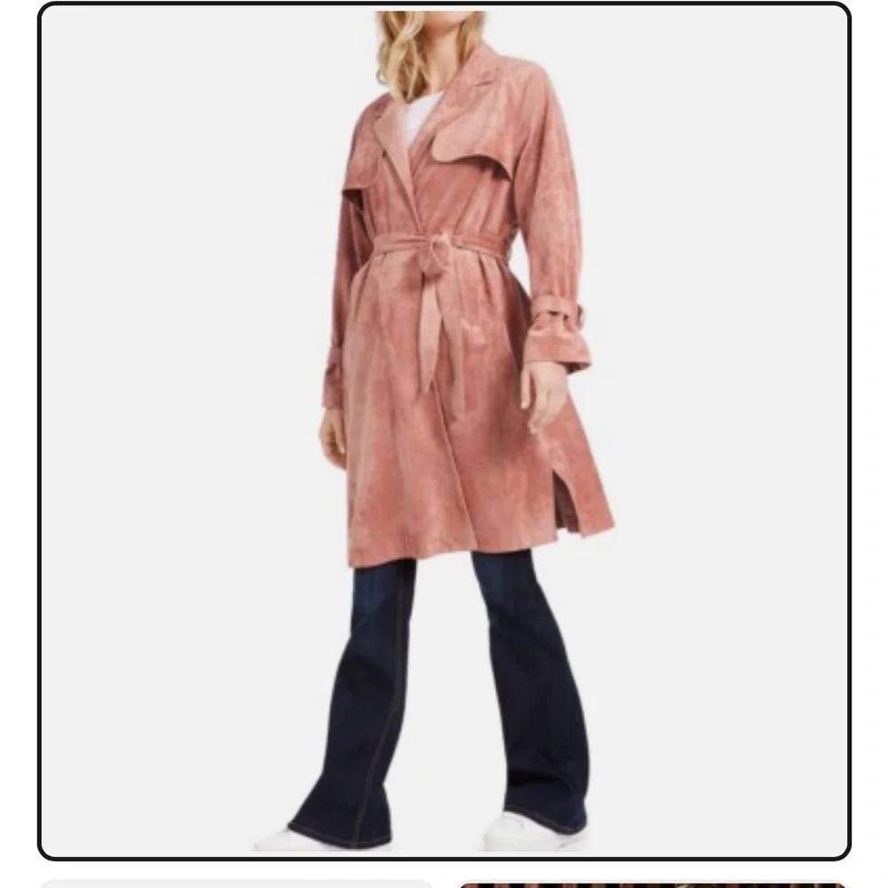 Oat New York Suede Blush long tie belt Trench Coat Medium with pockets - Picture 2 of 12